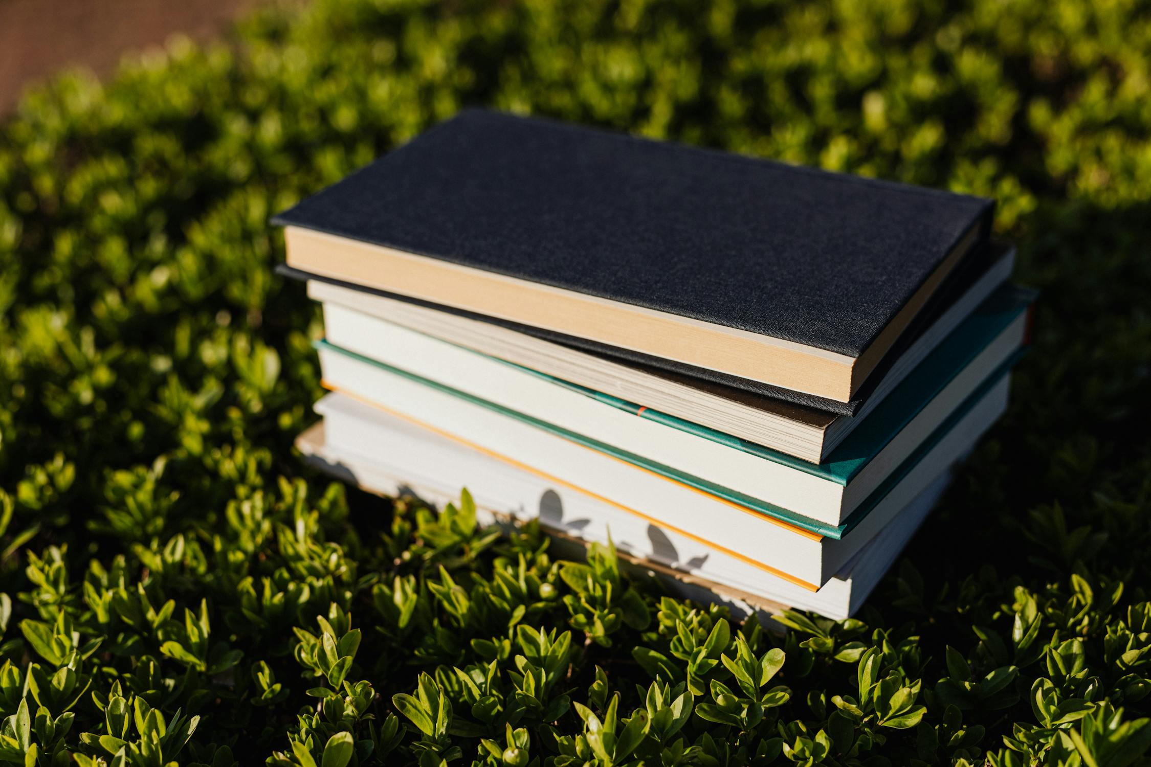 Books lying on the green grass.